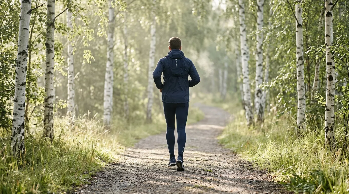 Anonym person joggar på nordisk morgonstig - kosttillskott för aktiv livsstil man
